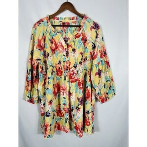 Caffe Marrakesh Size 2X Floral Smocked Peasant Button Up Top Boho Tropical Beach